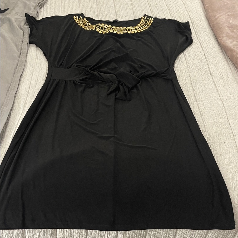 TIANA B. Elegant Black Dress with Gold Accents